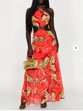 Fashion Nova Red Tropical Cutout Maxi Dress
